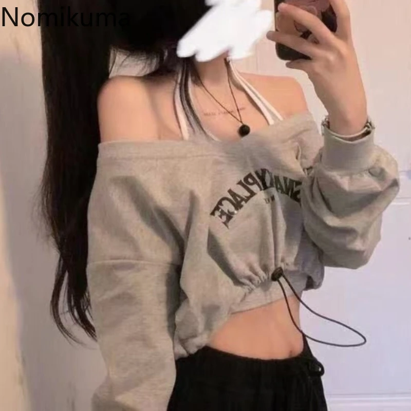 

Two Piece Sets Women Clothing Slash Neck Long Sleeve Thin Hoodies Backless Vest Outfits Fashion Drawstring Y2k Sweatshirt Suit