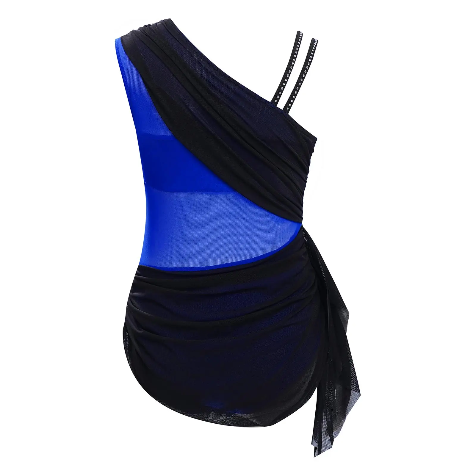 Traje de baile de Ballet lírico con bloques de Color para niñas, malla transparente, superposición fruncida, diamantes de imitación brillantes, vestido latino de Ballet, Ropa de baile