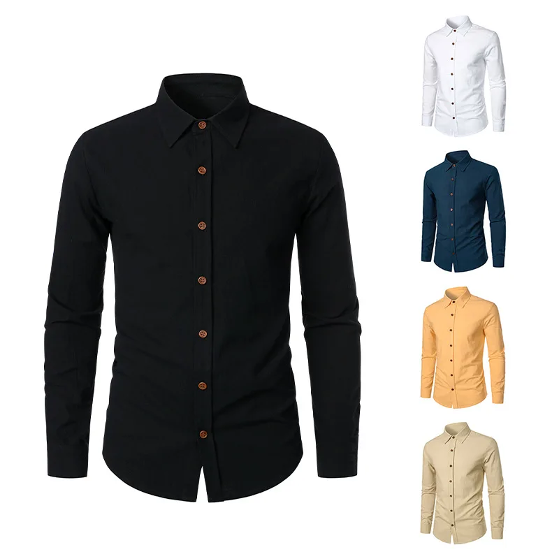 Frühling/Sommer New Middle Ages Herren Langarmhemd Vintage Baumwolle und Hanf Crêpe einfarbiges Polos hirt