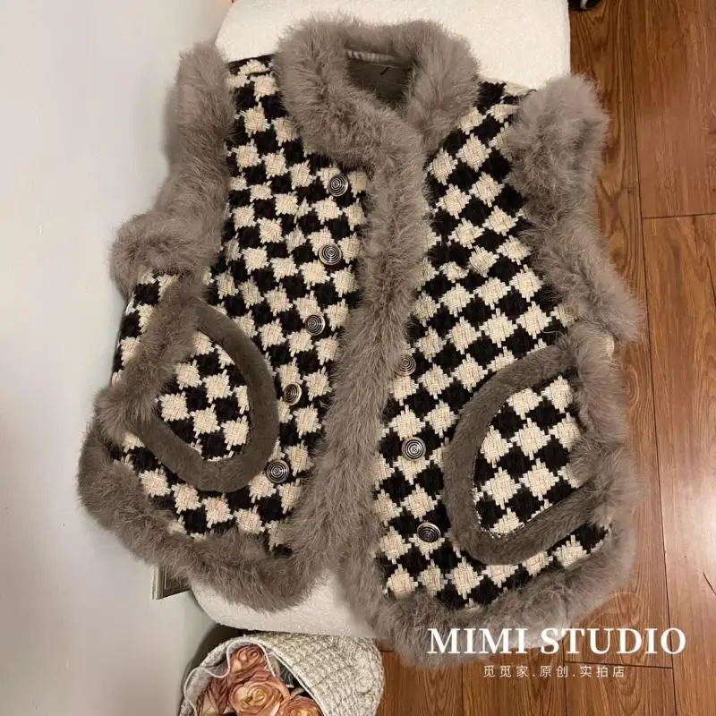 Fashionable Cute Vests Female Houndstooth 2024 Autumn Winter New Fashion Patchwork O-neck Sleeveless Coat Women Clothes Top Tee