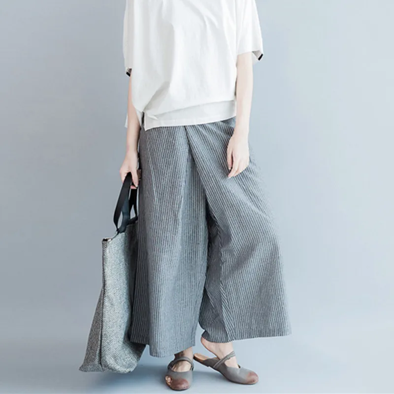 

Johnature 2023 Summer New Casual Striped Wide Leg Pants Loose Simple Joker Women Patchwork Ankle-length Pants