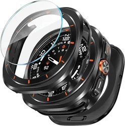 3 in 1 Metal Case for Samsung Galaxy Watch Ultra Screen Protector 47mm Protective Bumper Tempered Glass for Galaxy Watch 7 Ultra