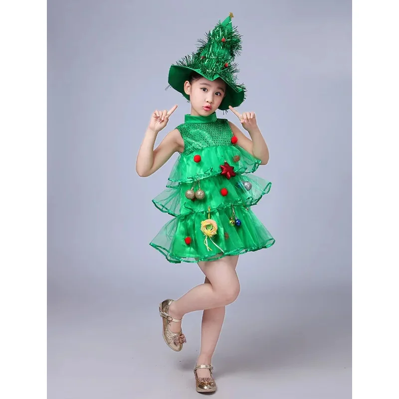 Donne Ragazze Bambini Bambini Verde Albero di Natale Costume Outfit Puntelli Cosplay Cappello Elfo Abiti fantasia