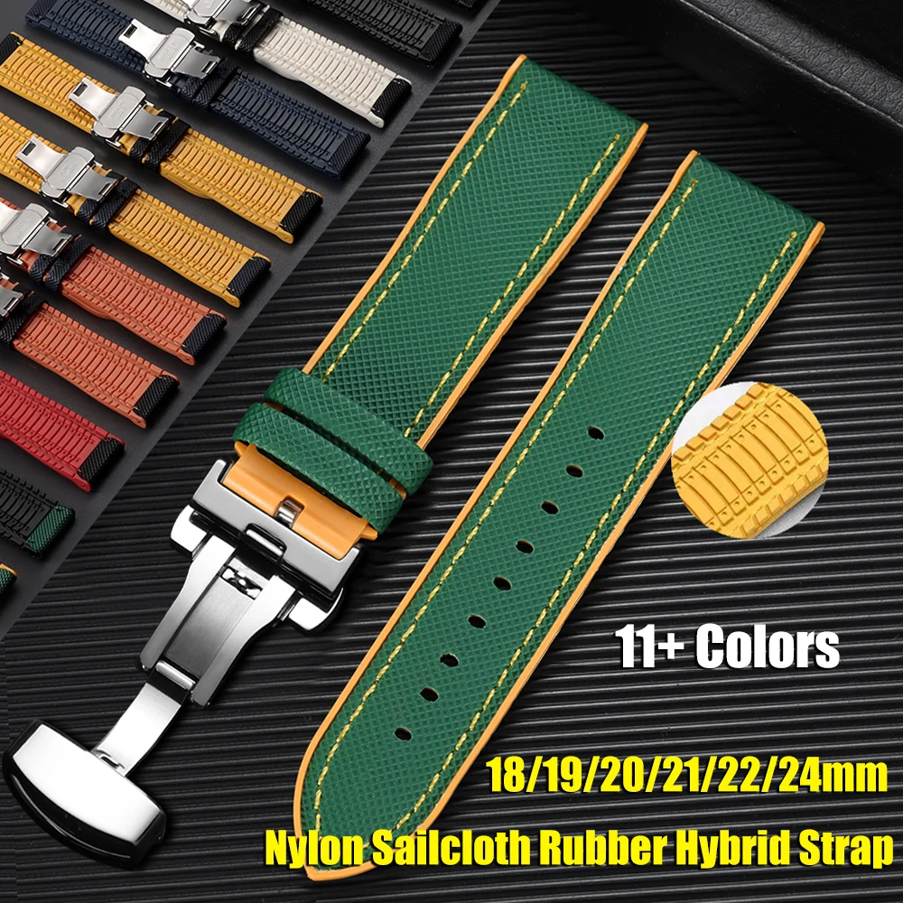 Nylon Sailcloth Rubber Hybrid WatchStrap 18/19/20/21/22/24mm Silicone Waterproof WatchBand Orange Blue Bracelet Butterfly Buckle