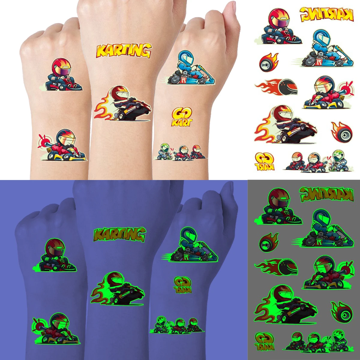 Tatuajes temporales de carreras que brillan en la oscuridad para niños y adolescentes, coche luminoso, pegatina de tatuaje falso impermeable,