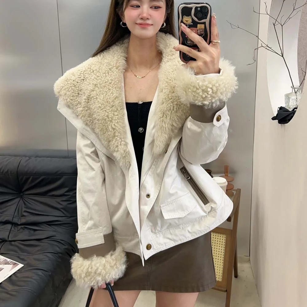 معاطف نسائية موضة خريف وشتاء 2025 سترة فضفاضة غير رسمية جديدة من صوف الضأن معطف سميك دافئ للسيدات من أوزة أسفل #5