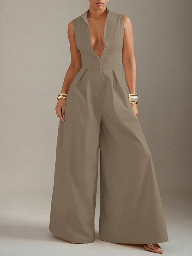 

Beautyblue Female Jumpsuit V-neck Wide-leg Overalls Fashion Sleeveless Zipper Brown Formal Clothes Women's One-piece Jumpsuits