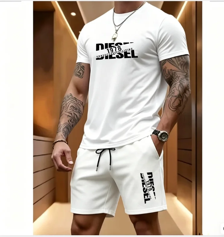 Summer Men's Casual Two-piece Set Round-neck Short-sleeved T-shirt and Sports Shorts for Outdoor Activities