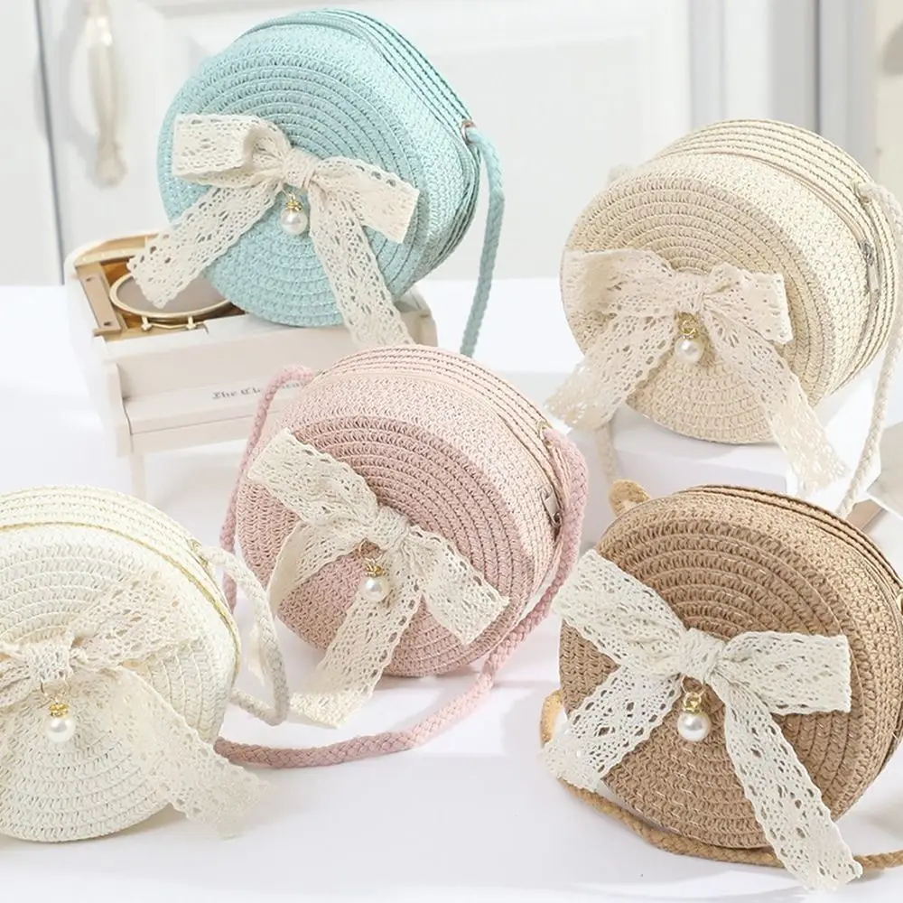Cute Lace Bow Straw Bag Hand-woven Round Summer Beach Bag Zipper Lightweight Kids Crossbody Purse