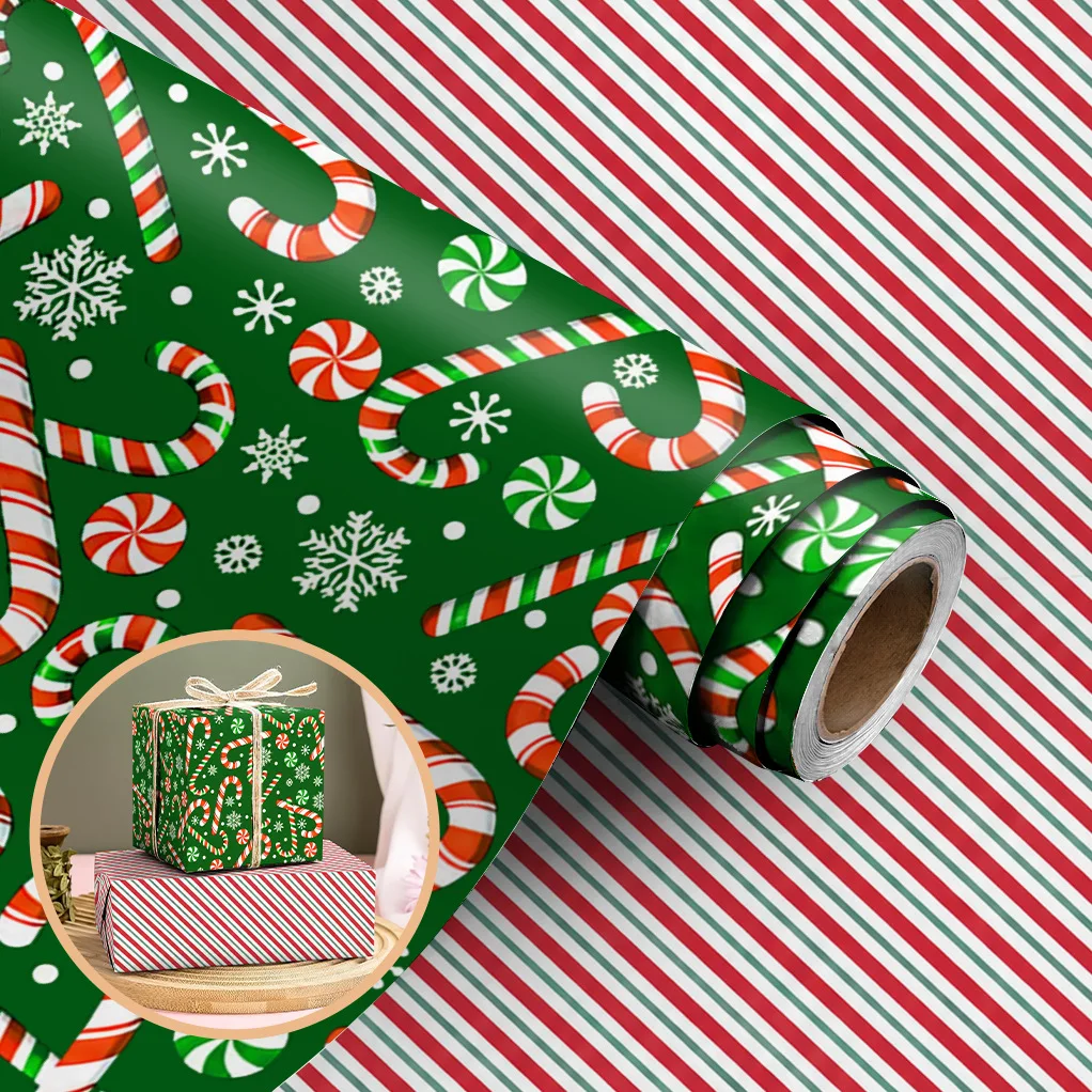1 Roll Double‑Sided Multicolor Christmas Wrapping Paper Snow Santa Cane Width 43cm*500cm Gift Wrapping Paper Cartoon Pattern