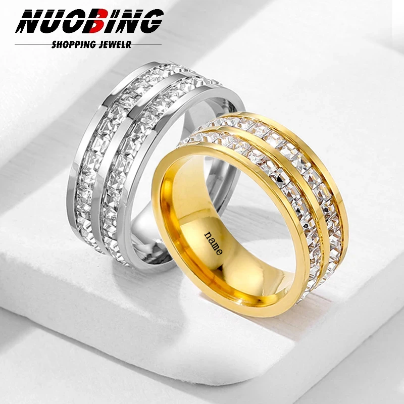 

Luxury Rose Gold Color Double Row Square Zircon Stainless Steel Ring Women Romantic Engageme Wedding Party Customization Jewelry