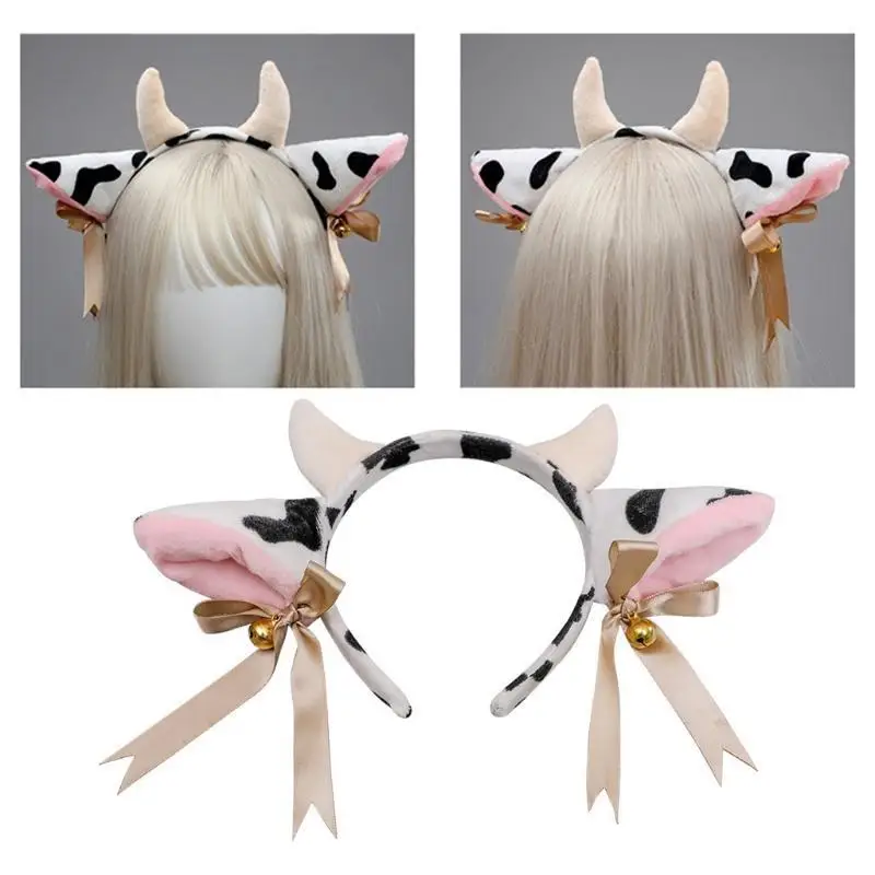 

P9FE Cow Ears Horns Headband Halloween Animal Cosplay Costume Hair Accessories