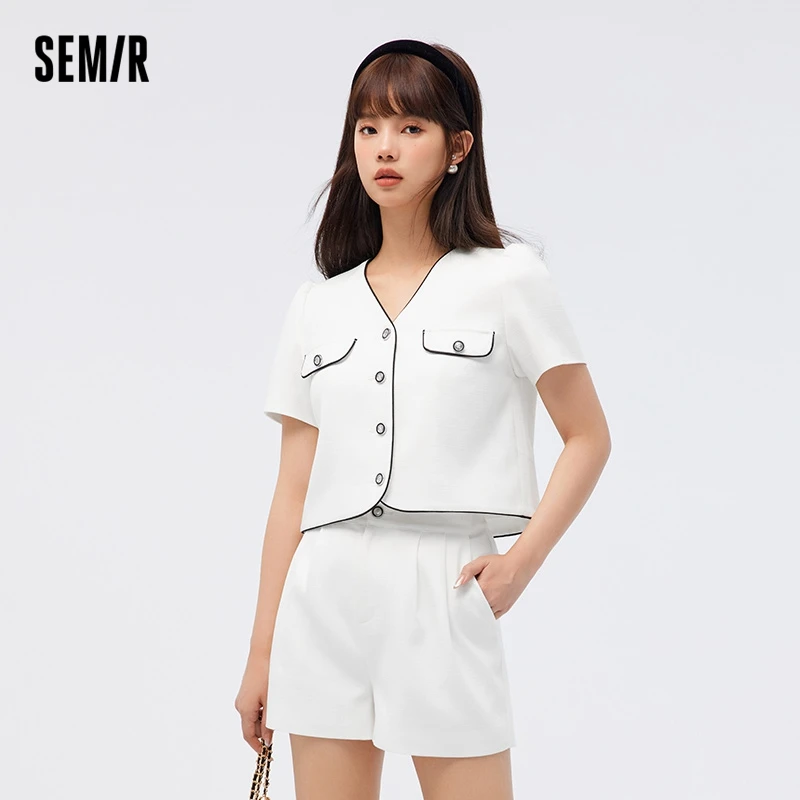 Semir Set Women Bubble Sleeve Short V-Neck sweater High Waist Shorts 2023 Summer New Two Piece Set Temperament