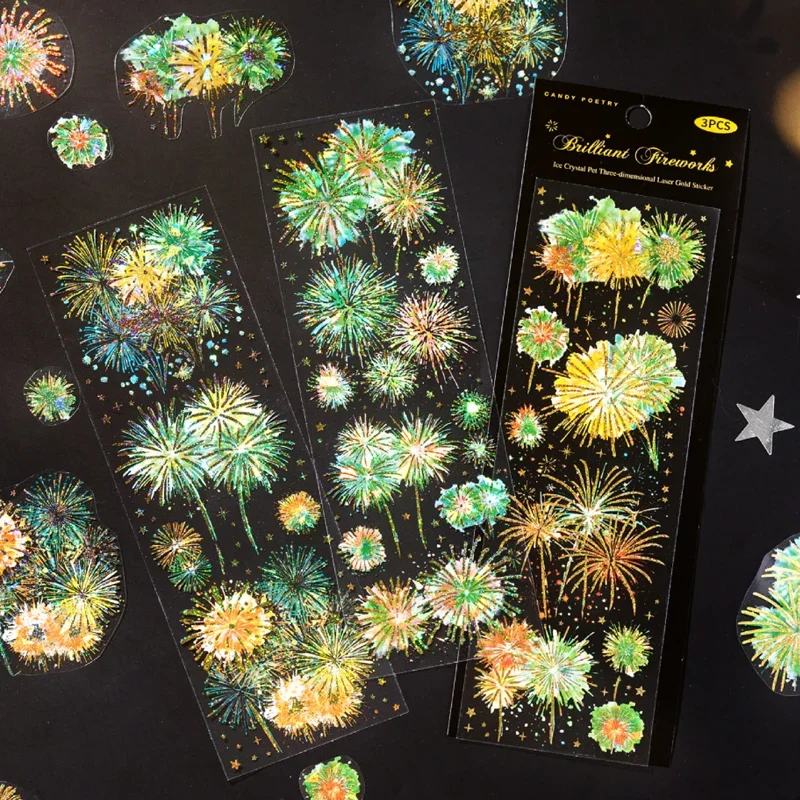 Mr Zhu, 4 styles of ice crystal PET three-dimensional laser gold flat stickers - fireworks instant series  vintage stickers