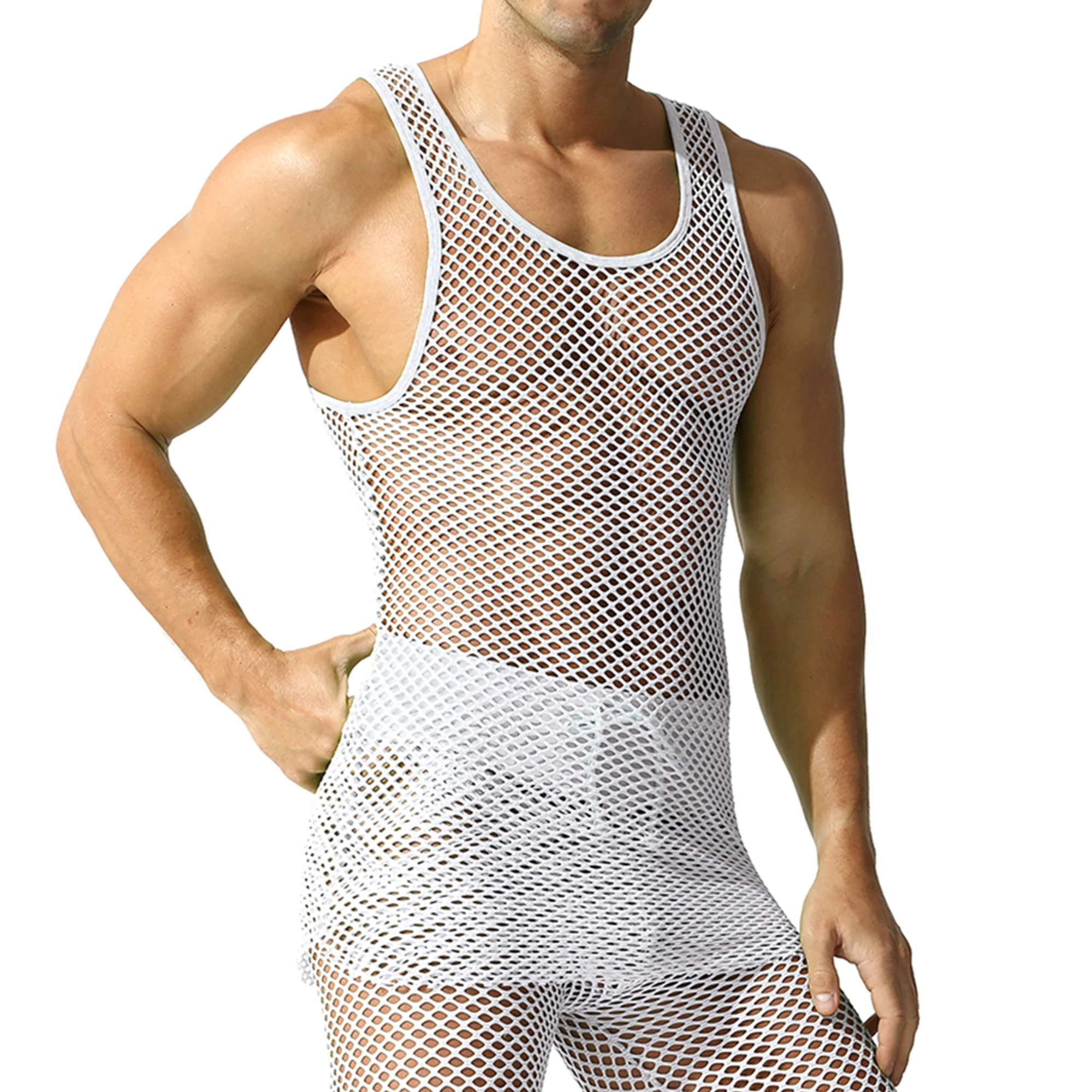 

Mens See Through Fishnet Tank Tops Hollow Out Undershirts Mesh Breathable Sleeveless Vests T Shirt Rave Party Nightclub Costumes