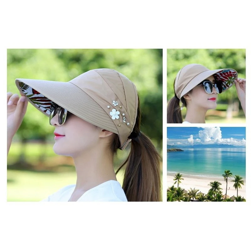 Casquette de baseball décontractée pour femme, chapeaux d'été pour femme, chapeau de soleil pliable, visière à fleurs perlées, crème solaire, casquette disquette, extérieur