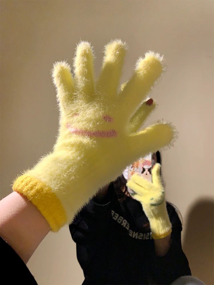 Cute Smiling Face Plush Touchscreen Gloves Women Winter Fleece Thickened Fingerless Warm Windproof Cycling Student
