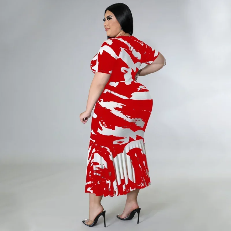 KEXU Plus Size Print Bodycon Maxi Dress Women Summer Clothes O Neck Short Sleeve Sexy Ruffles Party Dresses Clubwear