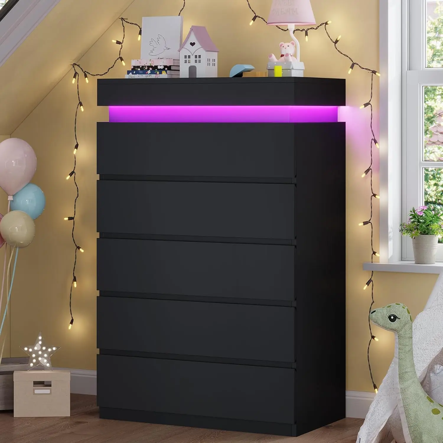 Black Modern Tall 5 Drawer Dresser with LED Light for Bedroom, Living Room, Entryway, Hallway