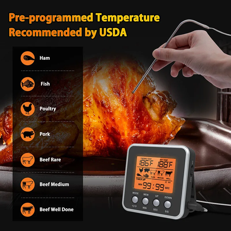 Forno termômetro digital com retroiluminação LCD, BBQ termômetro, BBQ termômetro, Celsius conversão, contagem regressiva ou temporizador, Fahrenheit, Celsius