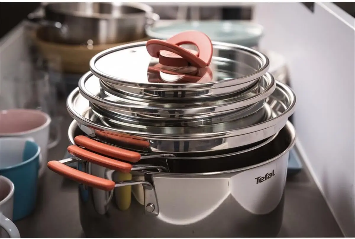 Tefal Opti'Space G720S674 Set Of 6 Stewpots 18/20/24 Cm + Lid, Stackable Cookware, Space Saving, Stainless Steel, Suitable For