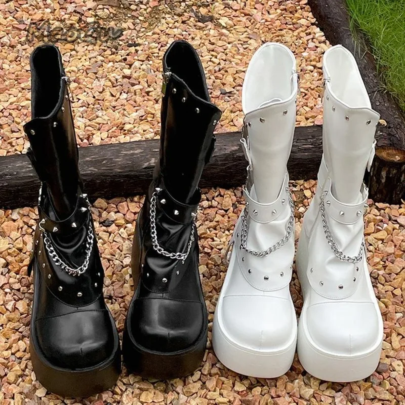 Street Style Women's Platforms Mid-Calf Boots Height Increased Rivet Round Toe Studded Ladies Fashion Shoes Autumn Botas Mujer