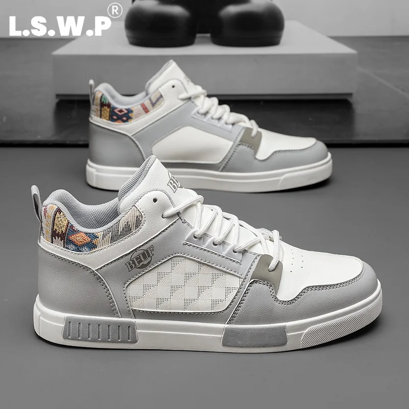 Men's Casual Sneakers, Trendy Color-Blocking High-Top Casual Board Shoes with Checkerboard Pattern, Pu Leather Ethnic Brocade Decoration, Non-Slip Wear-Resistant Flat Sneakers, Retro Street Style Versatile Trendy Shoes for Men