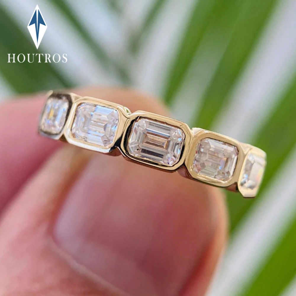 3x4mm Emerald Cut Moissanite Half Eternity Bands East West Plated Bezel Set Wedding Ring for Women 925 Sterling Silver Jewelry