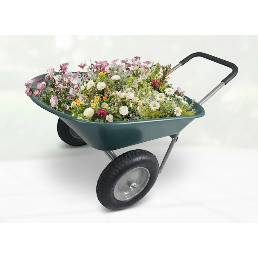 Heavy Duty Dual Wheel Garden Cart with Built-in Stand, Easy Maneuver Utility Wheelbarrow for Home Yard Gardening