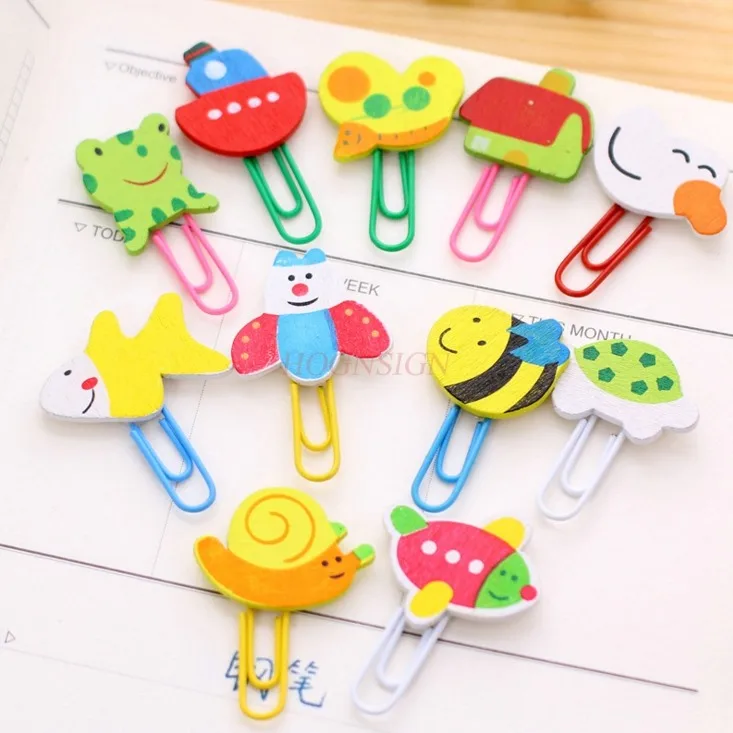 12pcs wooden paper clips, cartoon clips, curved needles, stationery gifts, creative gifts for children