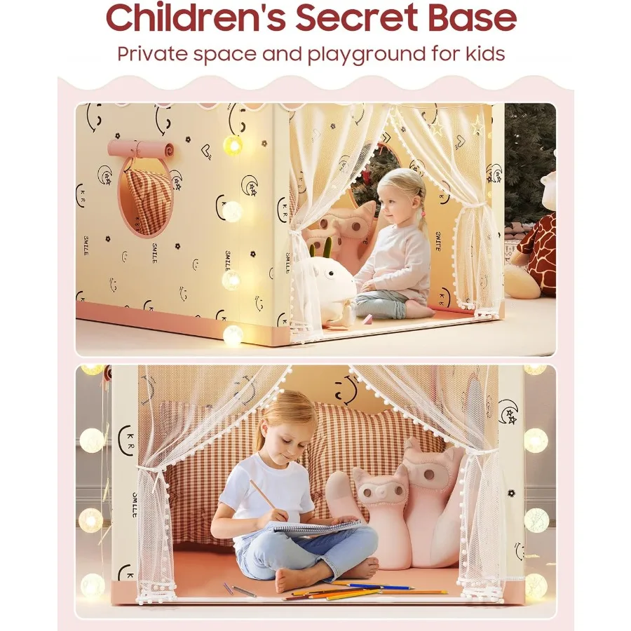 Jogue tenda interior playhouse conjunto com luzes da estrela bola luzes bandeiras coloridas borboletas rosa tenda para meninas criança castelo brinquedo h