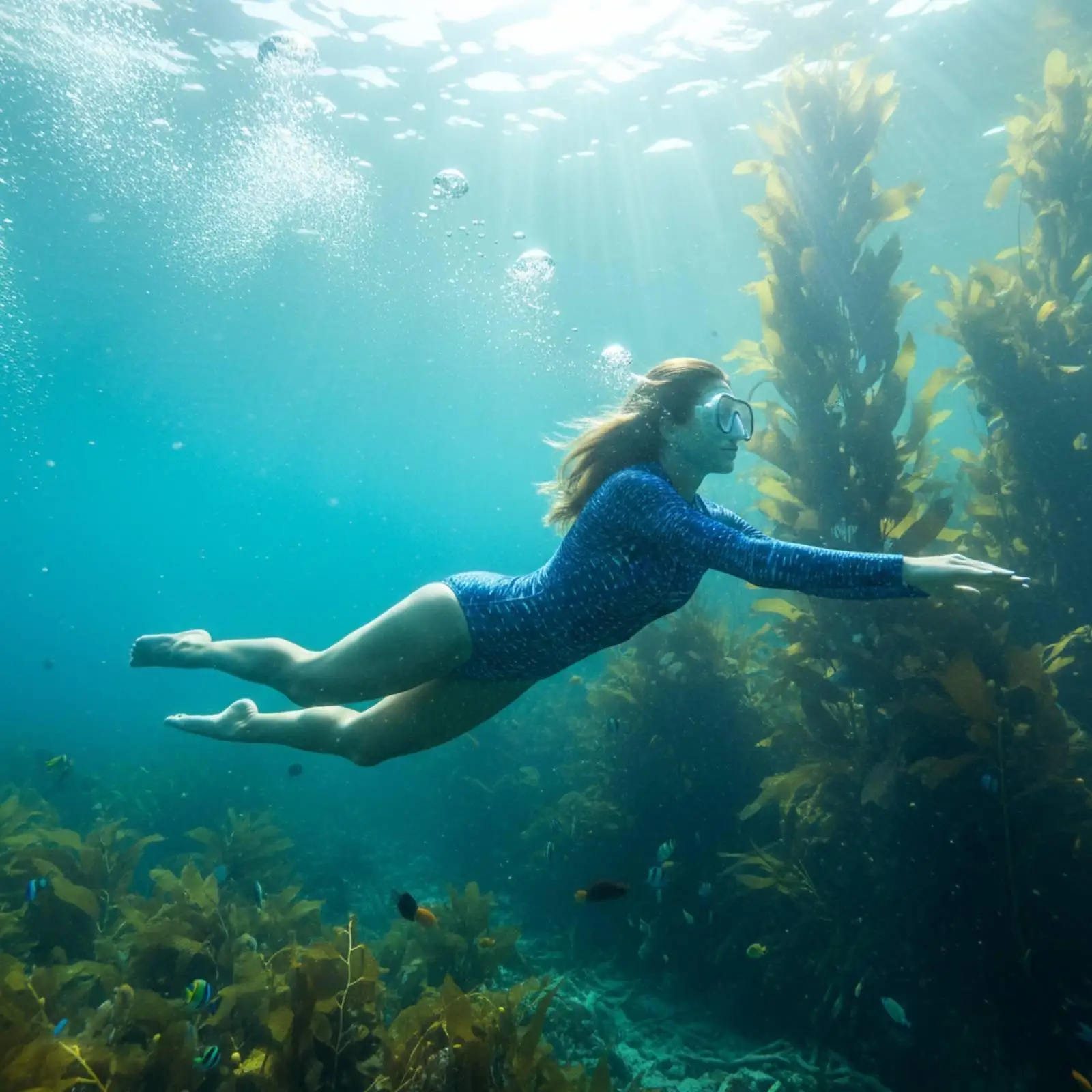 Women Surfing Suit Blue Animal Pattern One-piece Bathing Suit Long Sleeve Swimwear for Snorkeling