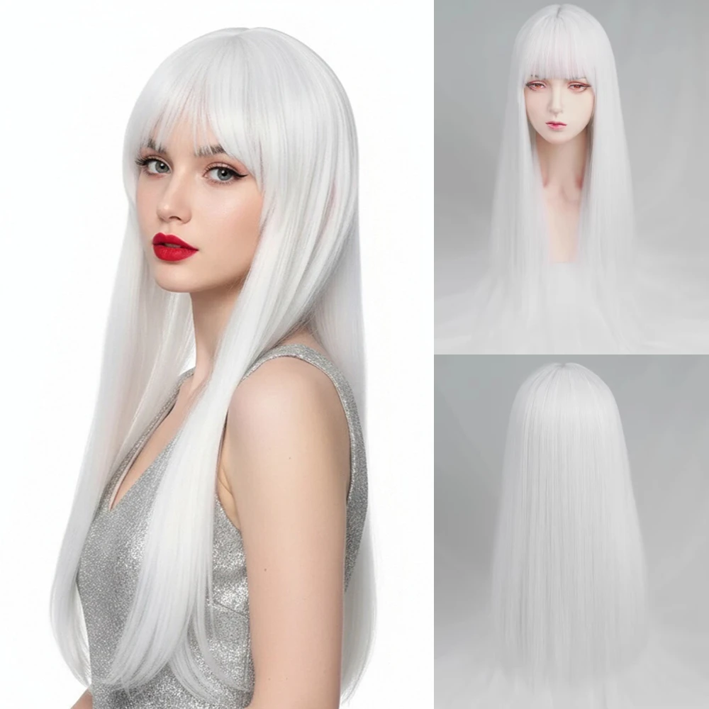 

VICWIG Long White Straight Wigs with Bangs Synthetic Lolita Cosplay Natural Women Heat Resistant Hair Wig for Daily Party