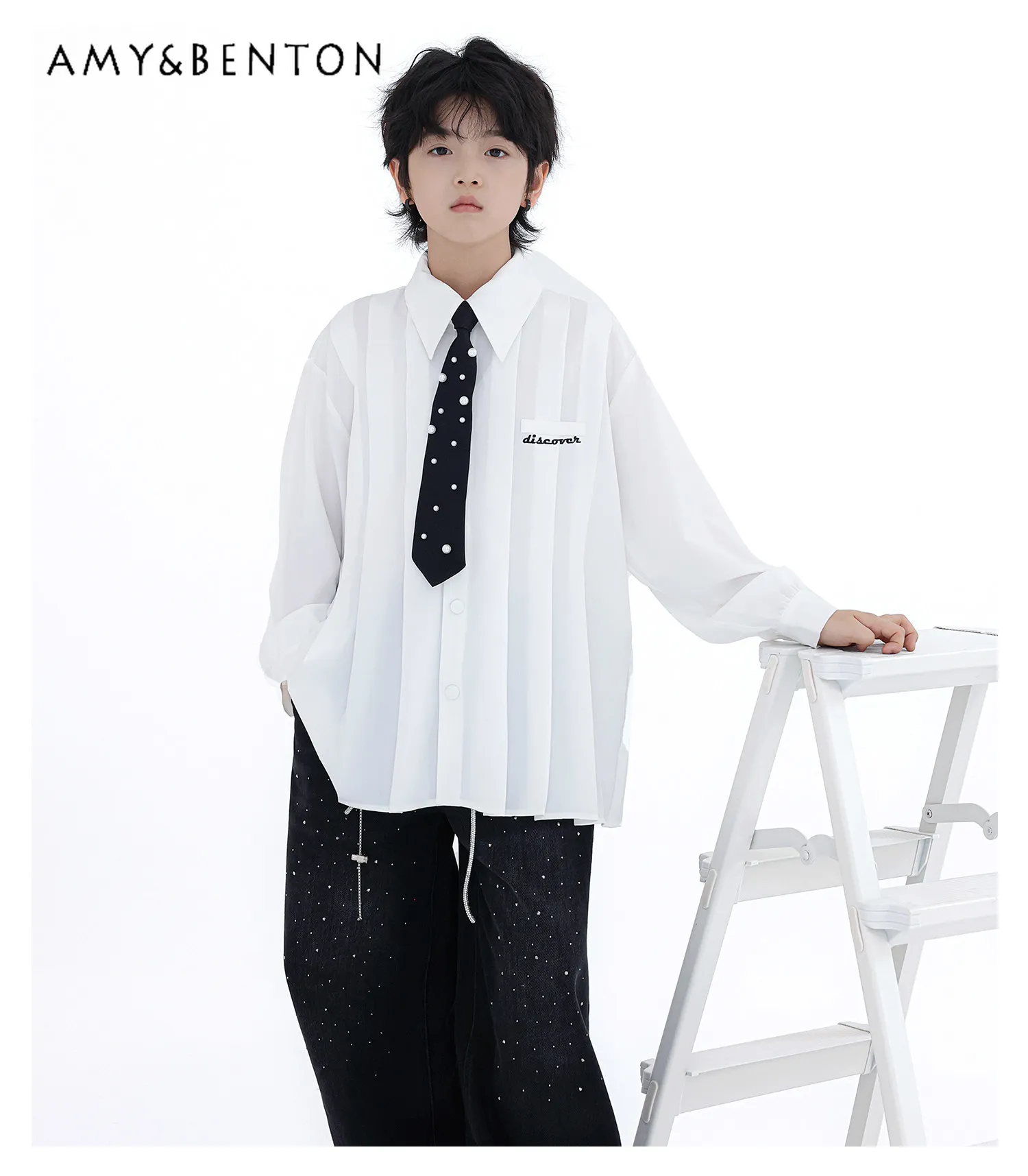 

Boys and Girls High End White Embroidered Long Sleeve Shirt Childrens Spring and Summer New High Quality Soft Loose Fit Blouse