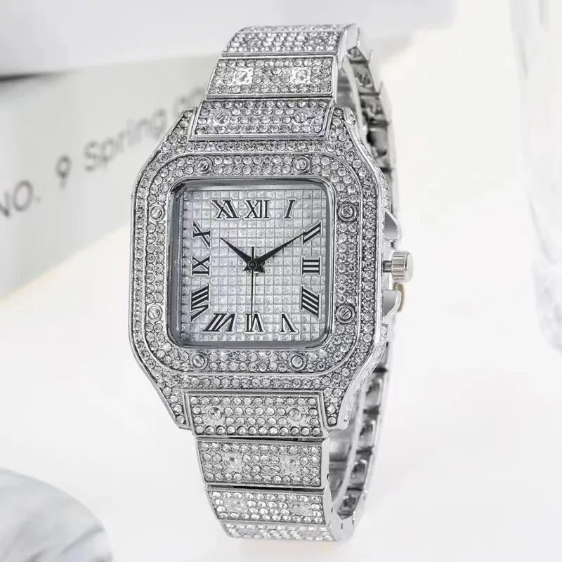 Watch for Men Fashion Luxury Gold Square Diamond Full Sky Star Male's Clock Watches Steel Band Quartz Wristwatch UTHAI L77