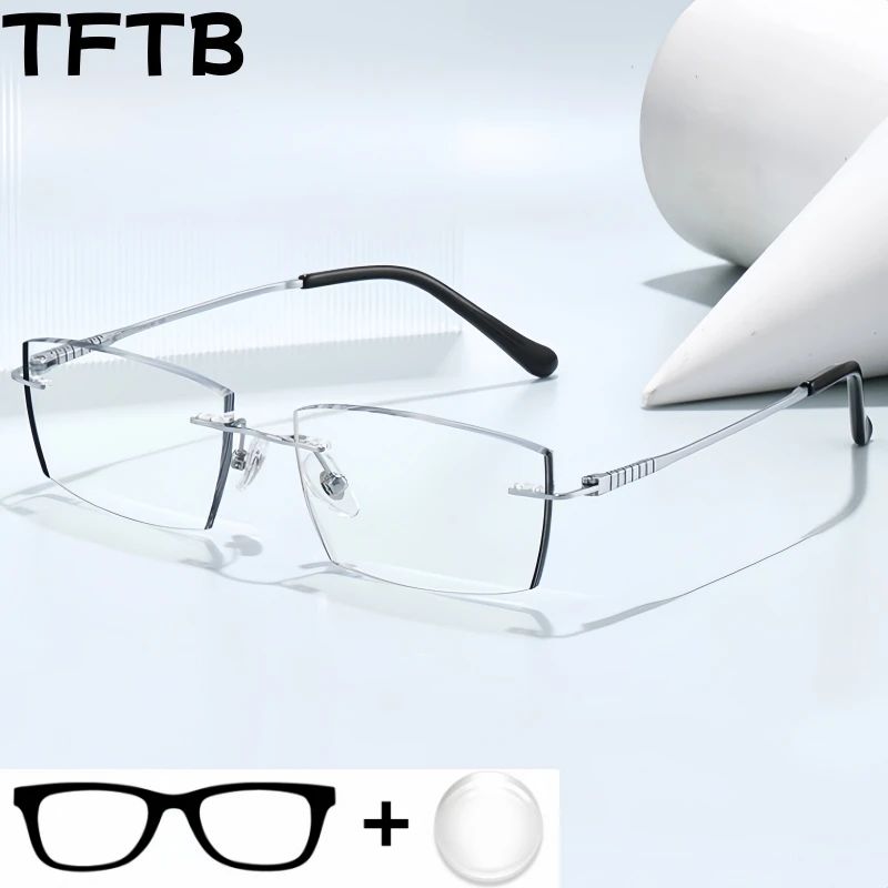 

TFTB Fashion Men's Optical Prescription Rimless Glasses Anti-Reflective Blue Light Blocking UV400 Finished Formula Eyeglasses