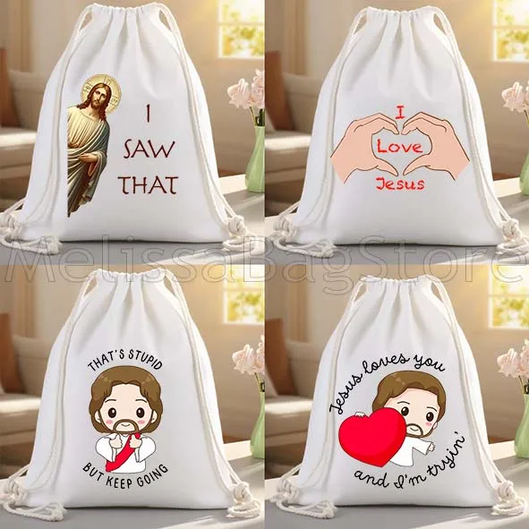 Cute Cartoon Jesus Love You Canvas Drawstring Bags Soccer Backpack Gym Sackpack Gifts String Bag for Exercising Hiking Sports