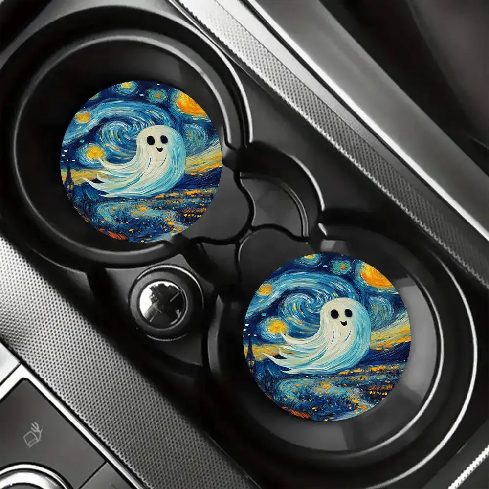 Van Gogh Starry Night EVA Car Coasters 2pcs. For Car & Desk Great Halloween Christmas & Birthday Gifts For Art Lovers.