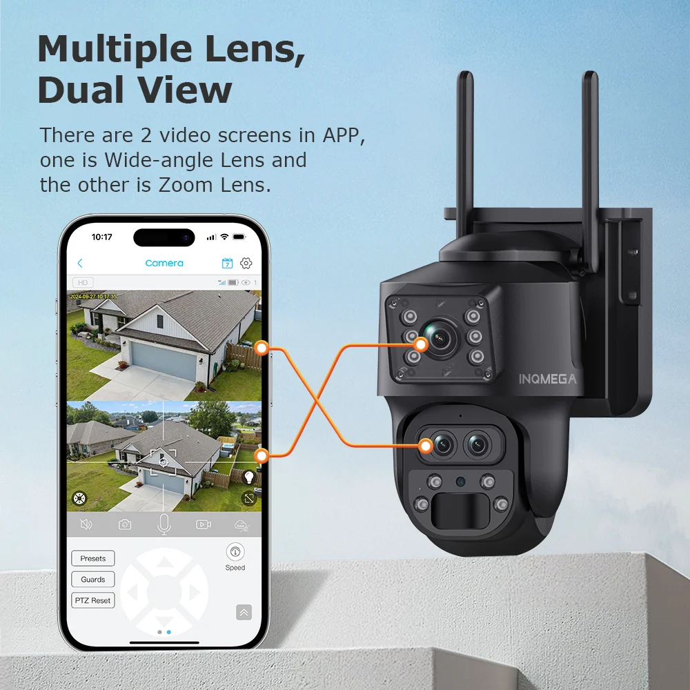 INQMEGA 12MP Solar Camera 12X Zoom Dual View PTZ Camera PIR Human Detection Auto Tracking Color IR Night Vision Two-way UBOX