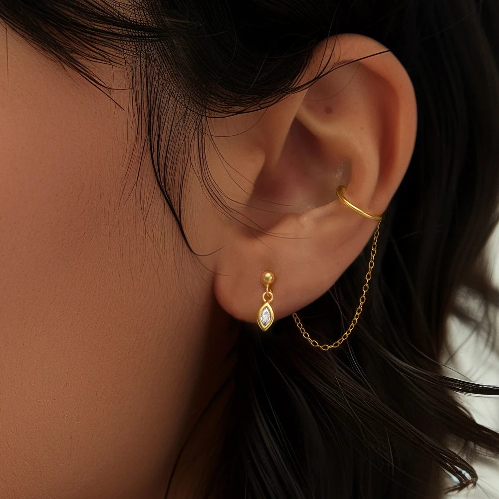 ROXI Double Tassel Chain Zircons Pendant Piercing Stud Earrings For Women 925 Sterling Silver With Cuff Clip Earrings Jewelry view 2
