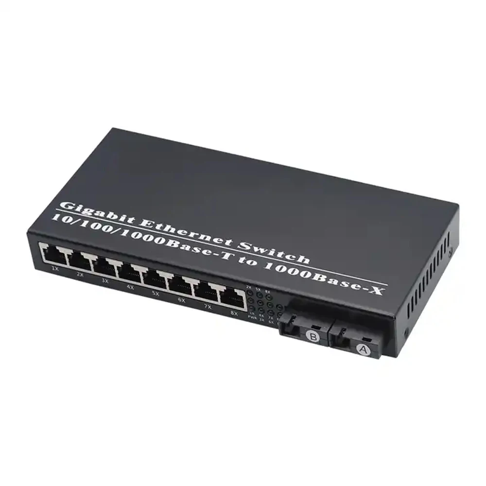 10/100/1000mbps single mode simplex 2 SC to 8 RJ45 Fiber Optical Media Converter Gigabit Ethernet switch G2F8E