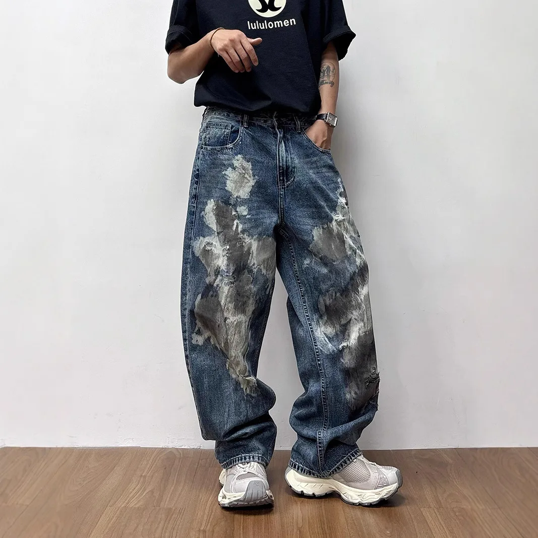 2025年春 メンズ ストレートレッグジーンズ シンプル アメリカン ハイストリート ルーズ ユース ダメージジーンズ メンズ服 ジーンズ