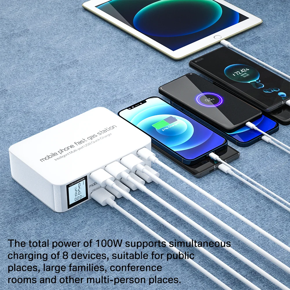 100W 8 Ports USB Charger Station Quick Charge 3.0 Portable Type C PD Fast Charger Adapter HUB For iPhone 13 12 11 Xiaomi Samsung