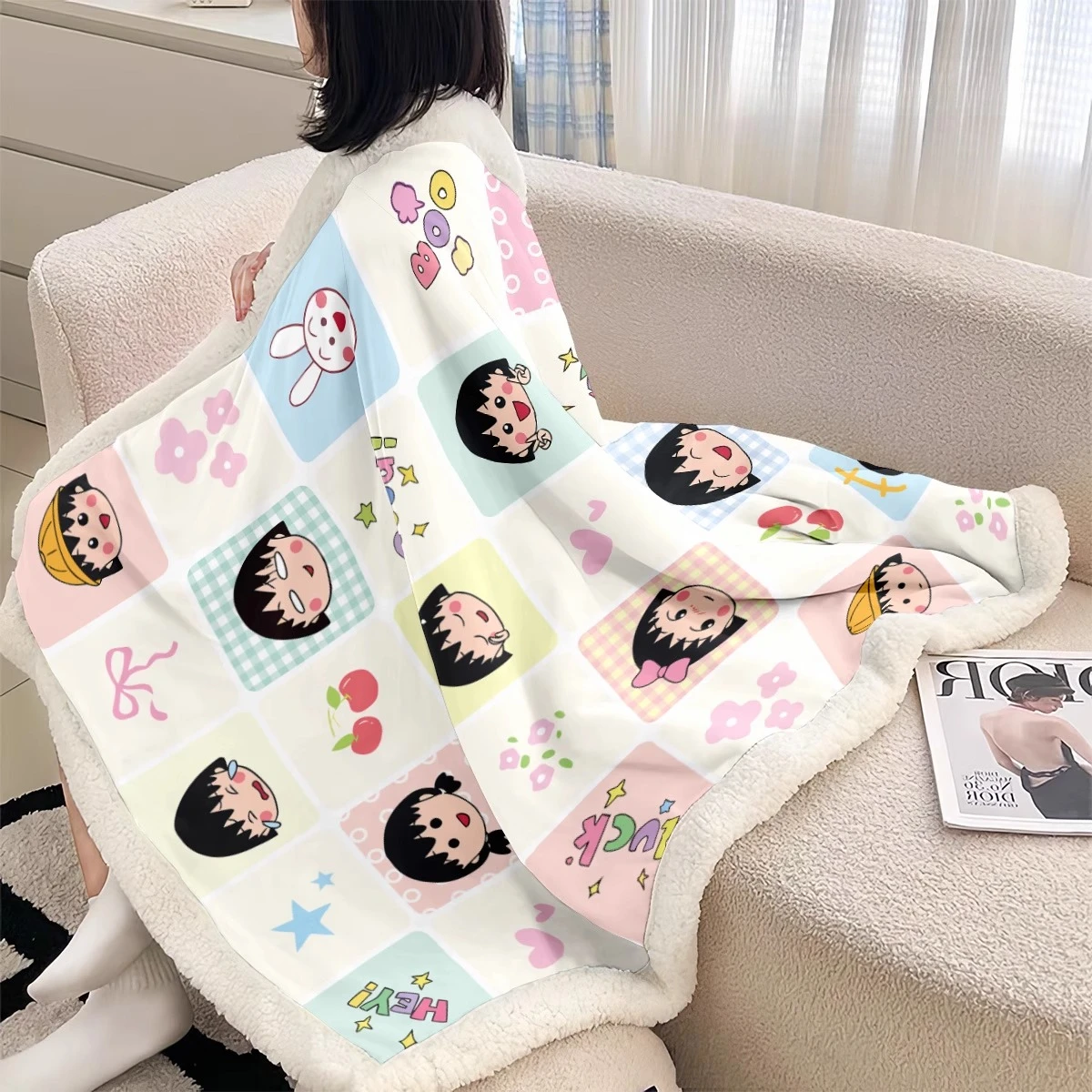 

Одеяло с рисунком Чиби Маруко-чан из искусственной овчины, одеяло с кондиционером, офисное общежитие, теплое одеяло для сна, рождественский подарок