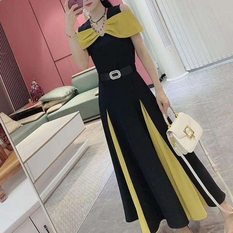 French Patchwork Women 2024 New Color Blocking Off Shoulder Office Lady Forking Diamonds Sashes V-neck Short Sleeved Dress