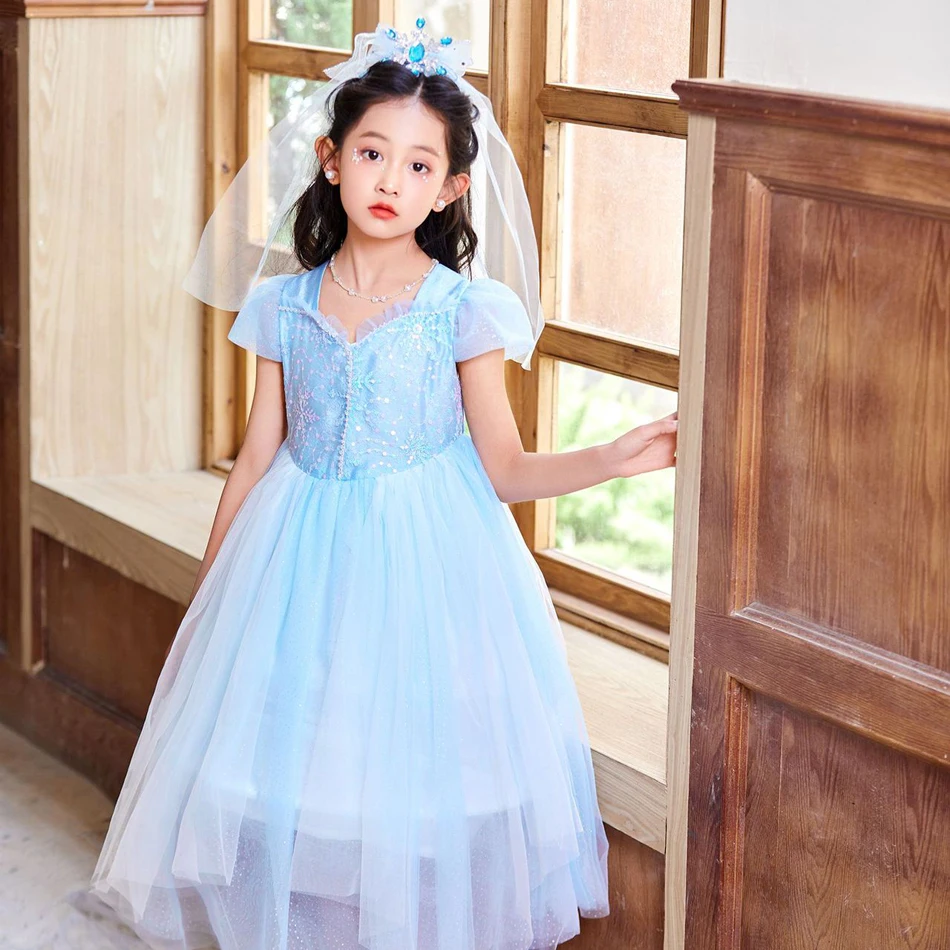 Disney gefroren Prinzessin Kleid Elsa Schnee königin Cosplay führte Vestido Mädchen Mesh Pailletten Blumen Halloween Party Weihnachts kostüm