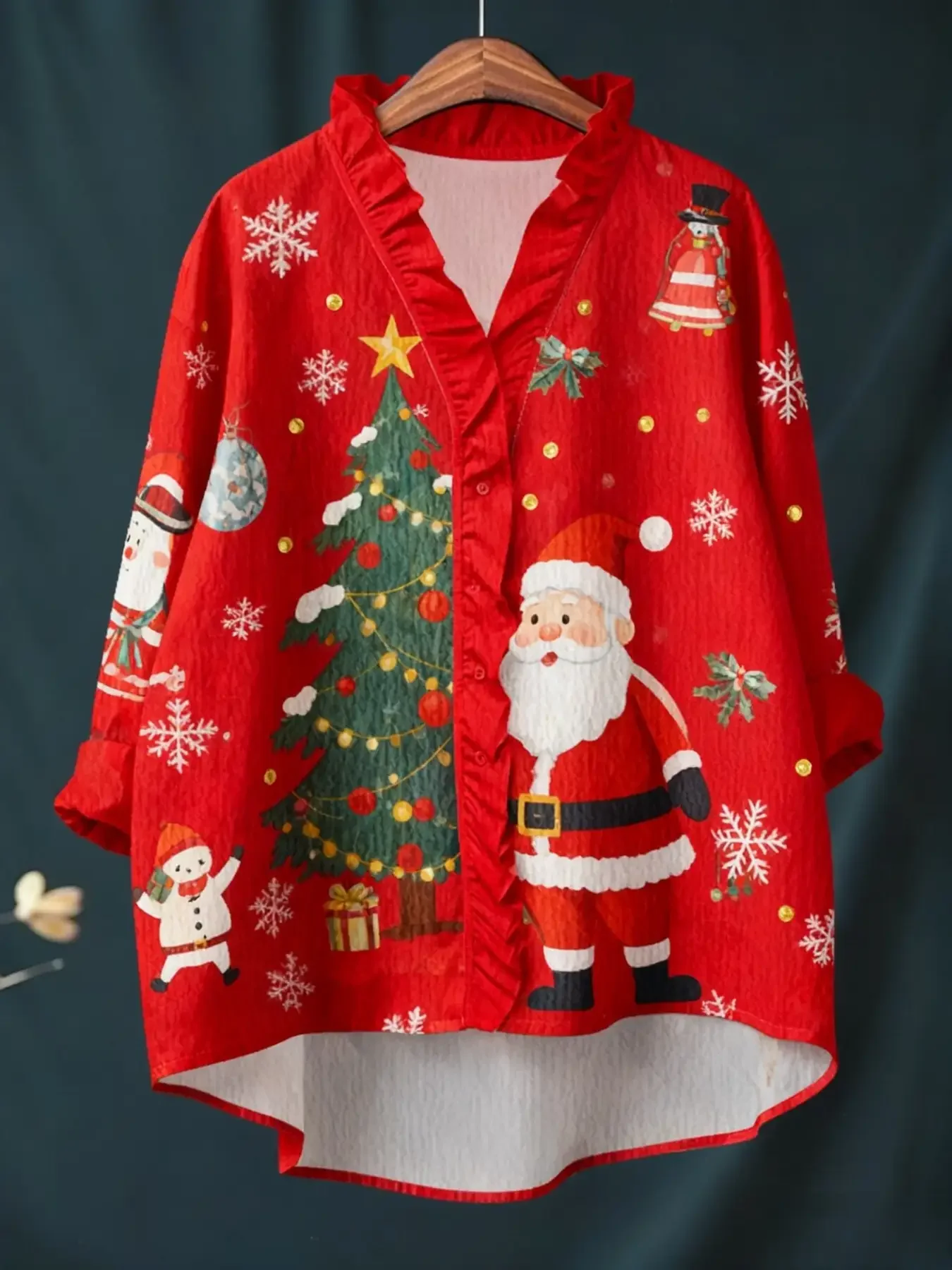 Nova camisa feminina de manga comprida com estampa digital de Natal e gola com babados, ajuste solto, s-2xl