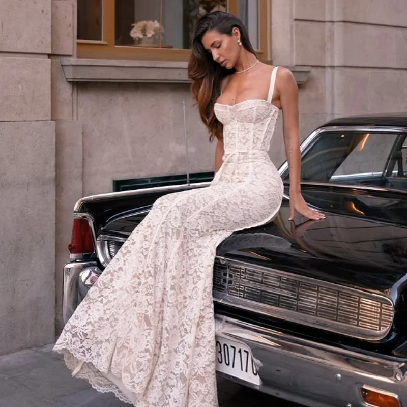 Vestidos de novia de tul con tirantes finos, color blanco marfil brillante, personalizados, apliques de encaje, cola de pez, vestidos de novia hechos