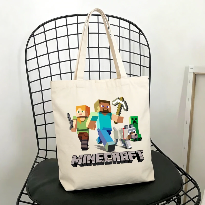 

Холщовые сумки в стиле Minecraft с игровыми персонажами, сумки-шопперы, мультяшные городские сумки, простые универсальные сумки для хранения, подарок на день рождения для девочек и мальчиков