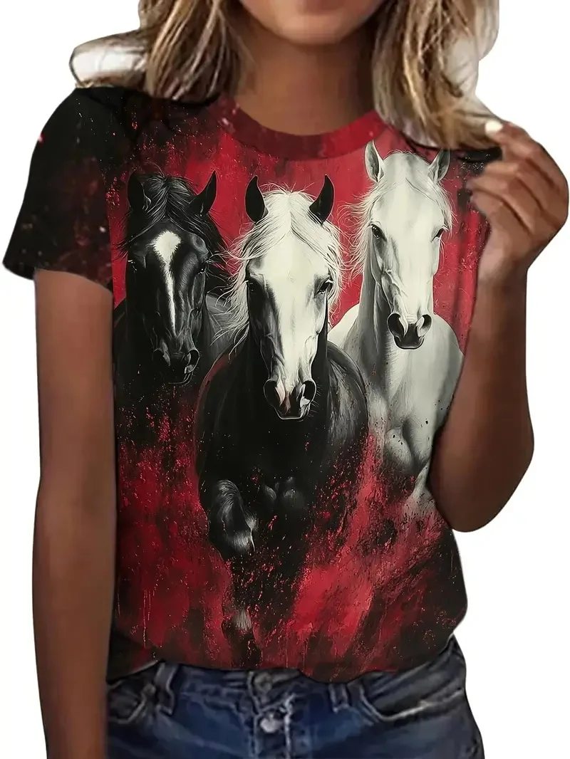 

Женская повседневная футболка с круглым вырезом и уникальным принтом лошади, летняя футболка с короткими рукавами и рисунком лошади, одежда для мужчин, новые футболки
